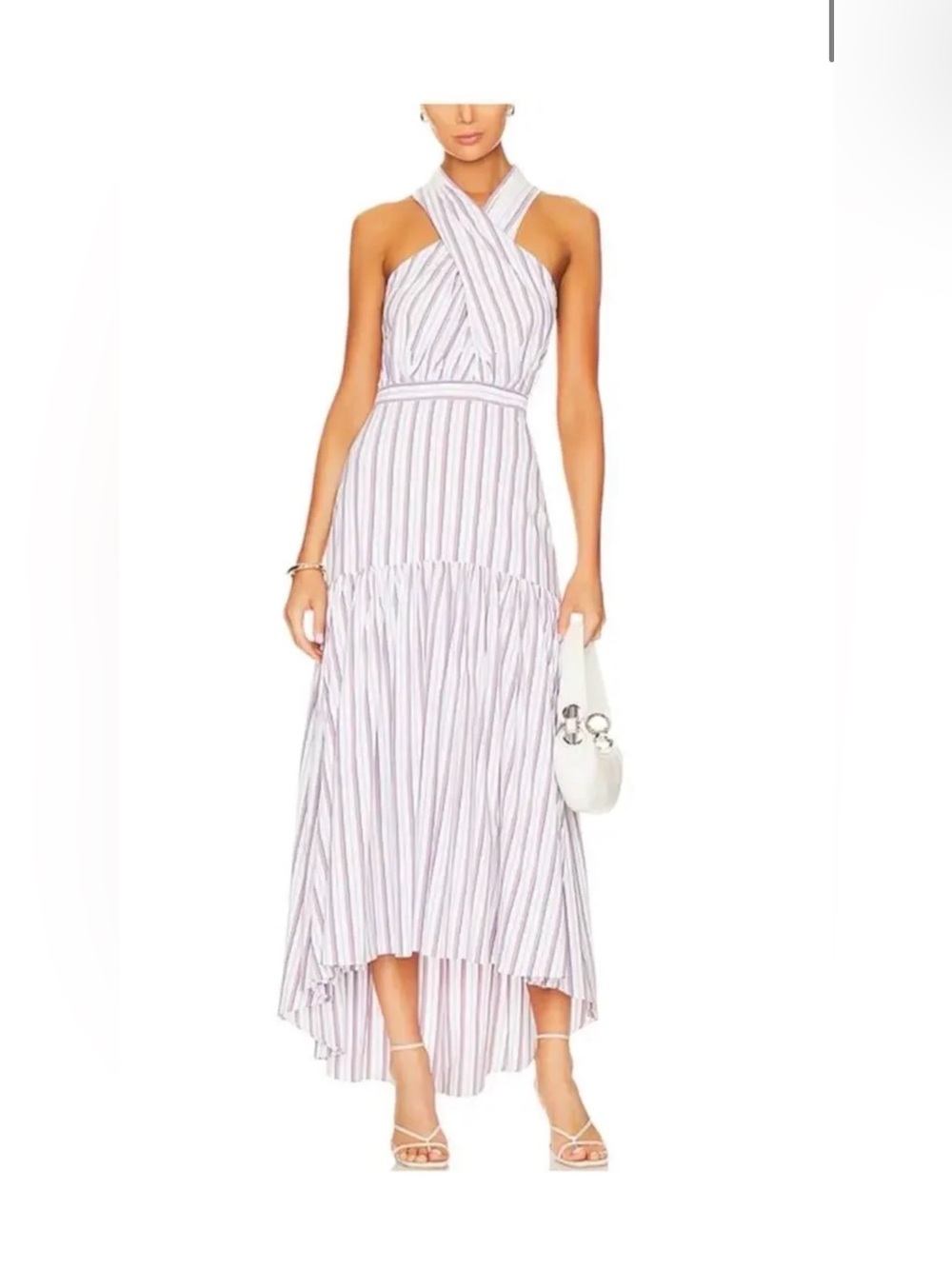Veronica Beard Radley White Poplin Striped Hi-Low Halter Midi Dress